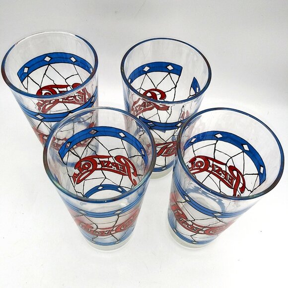 Vintage 1970s set of 4 Pepsi Cola Tumblers Drinking Glasses stained glass style - Picture 2 of 10
